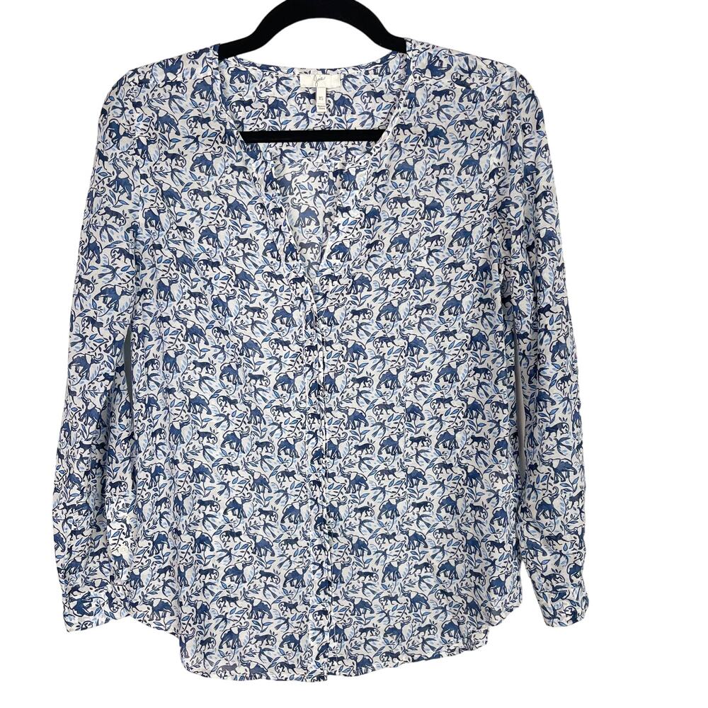Joie XS Blue Cotton Silk Volette Split V Neck Blouse Top Elephant Monkey Print
